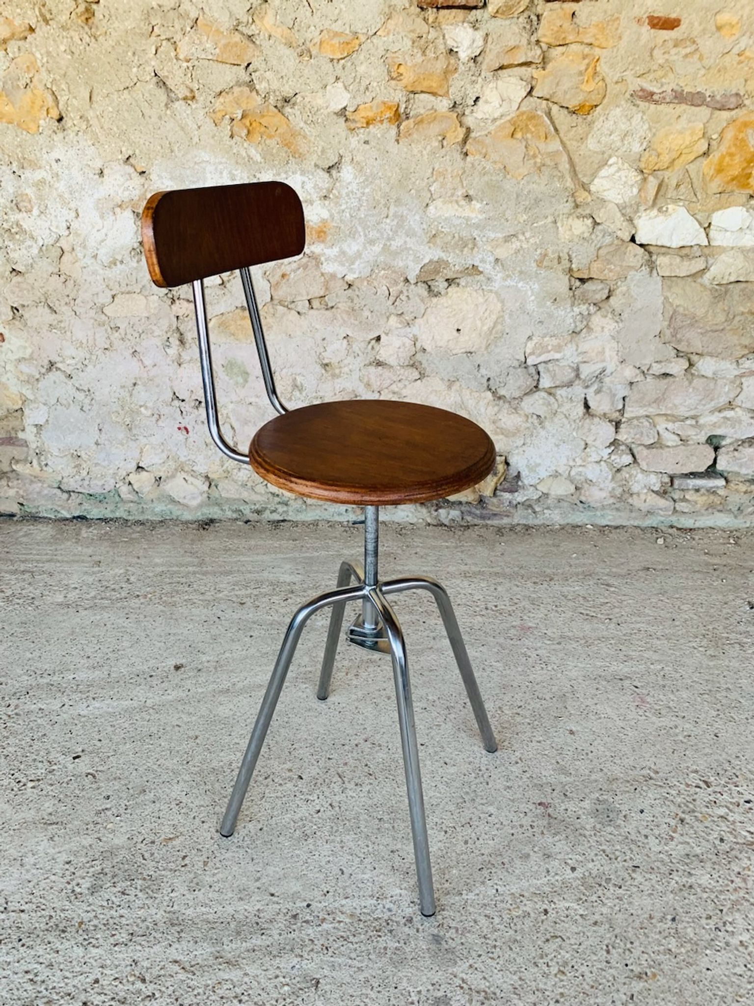 Vintage industrial metal and wood stool with adjustable swivel seat, 1960's