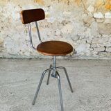 Vintage industrial metal and wood stool with adjustable swivel seat, 1960's