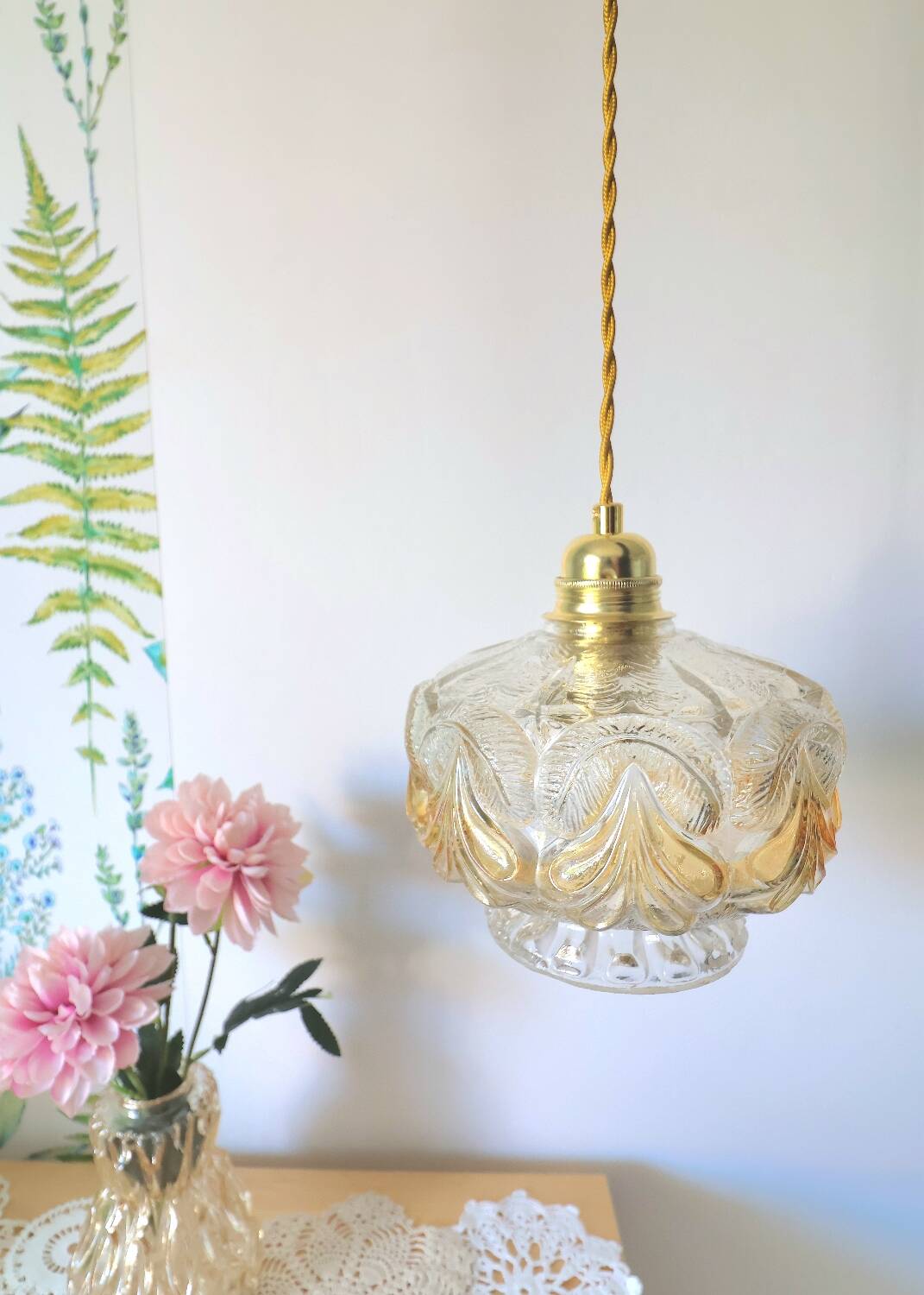 Vintage amber cut glass suspension – retro bohemian lamp