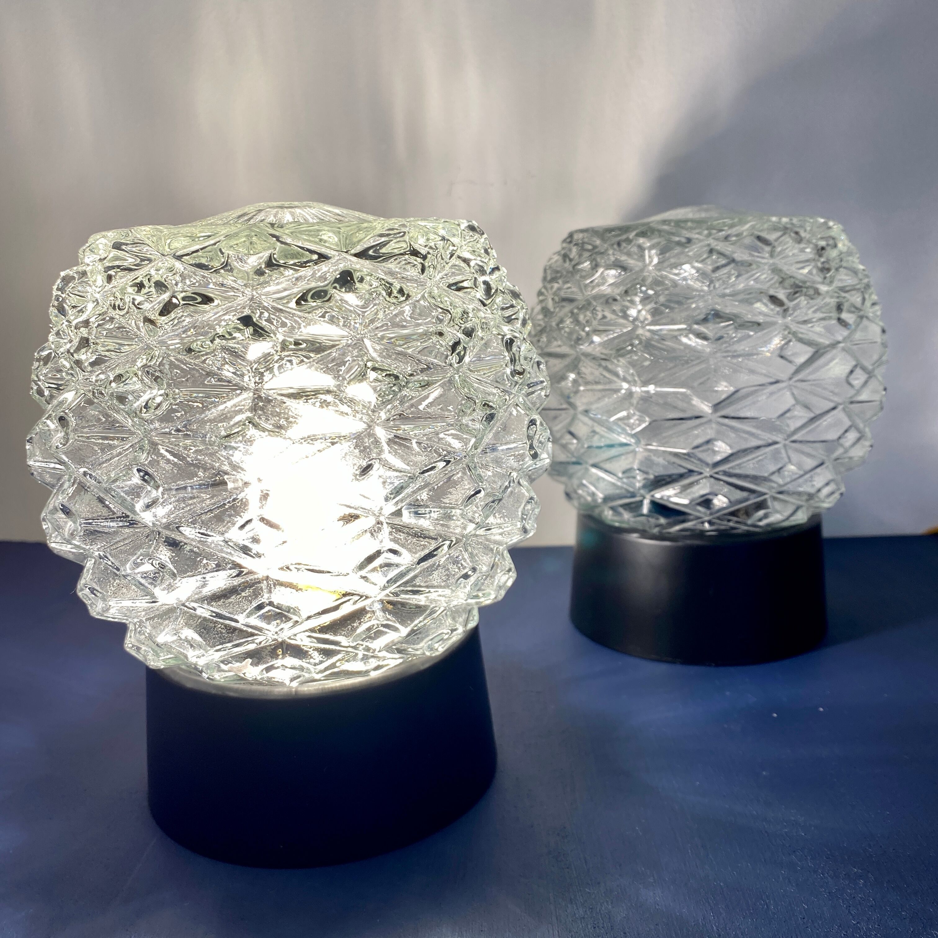 Pair of vintage wall lamps in molded glass and thermoplastic
