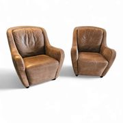 2 fauteuils en cuir marron édités par Natuzzi, années 1980
