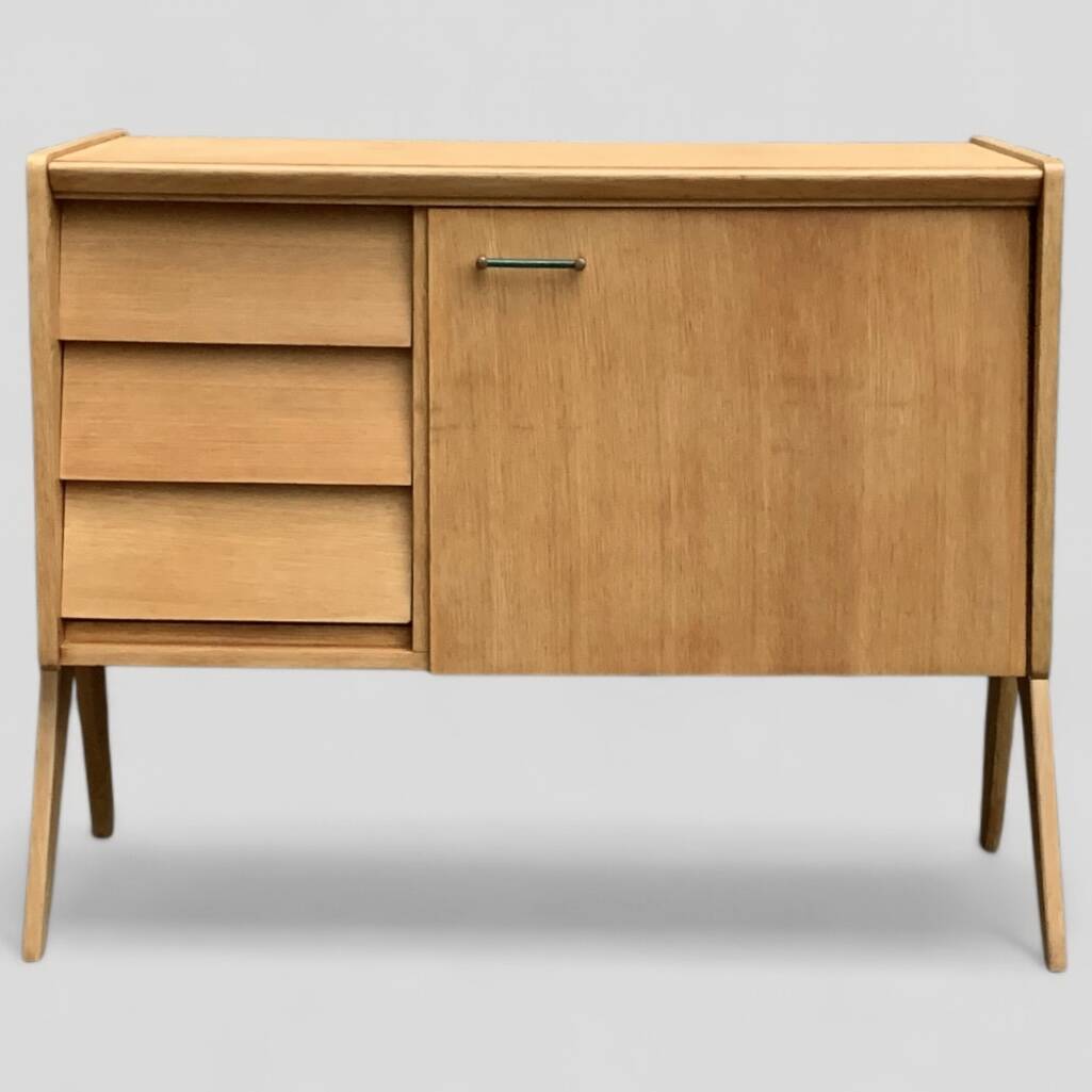 Vintage chest of drawers with compass legs, light oak, 1960s