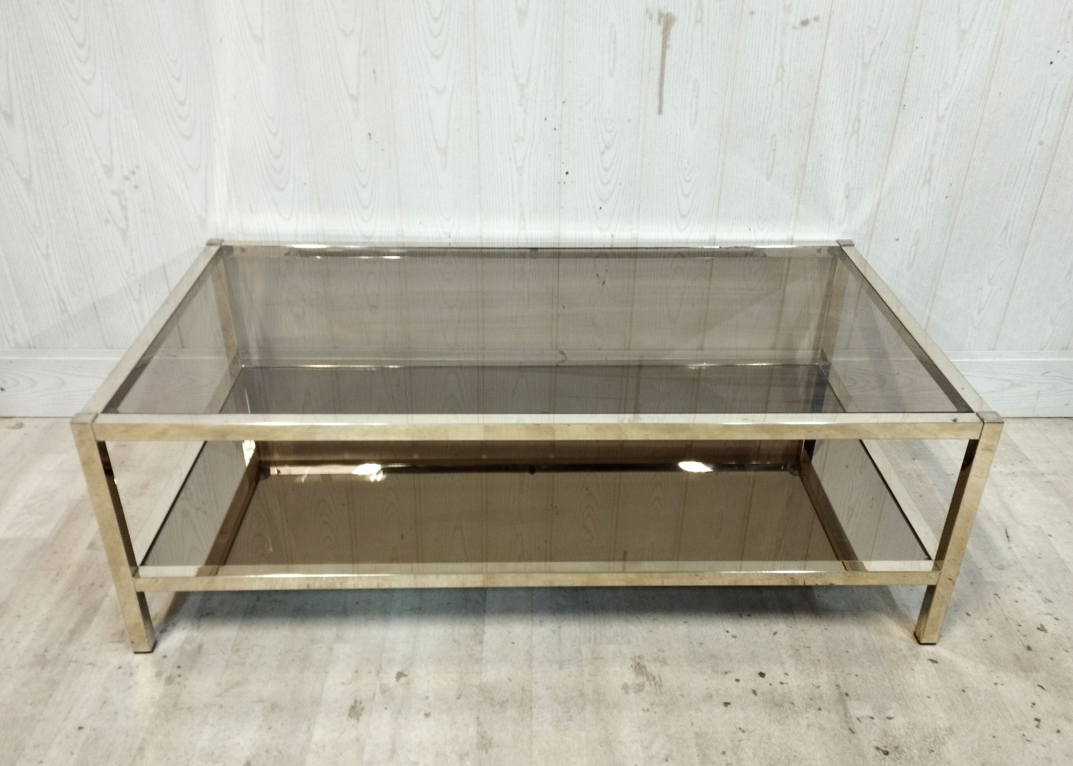 Vintage brass coffee table, mirror and smoked glass