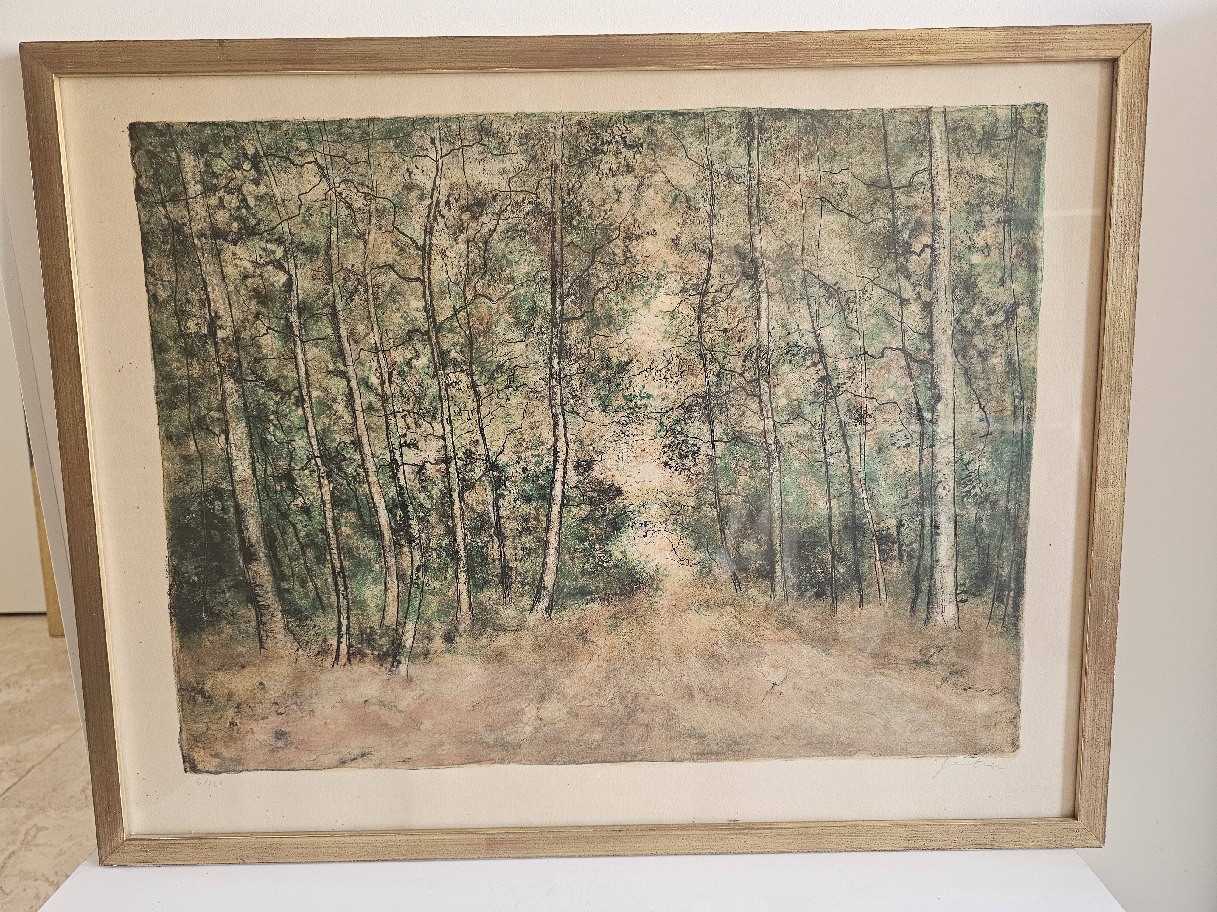Tableau Lithographie ancienne - Paysage forêt - Bernard Gantner