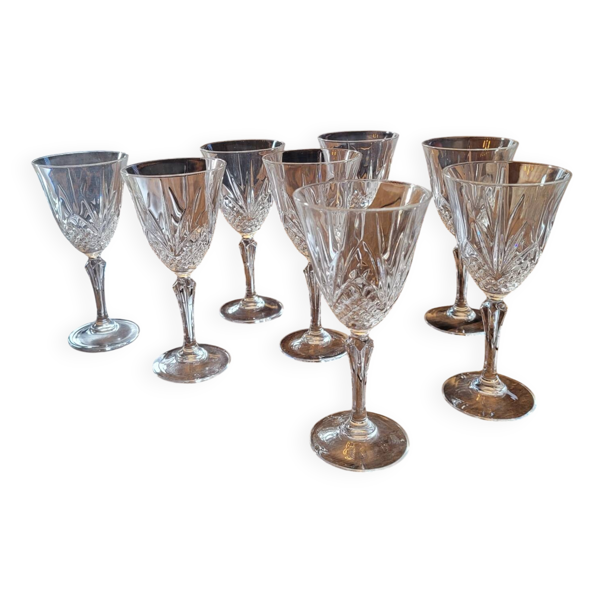 Set of 8 cut crystal glasses, hexagonal stem – 1950s