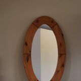 Large oval wall mirror in solid pine by Glasmäster Markaryd, Sweden, 1960s.