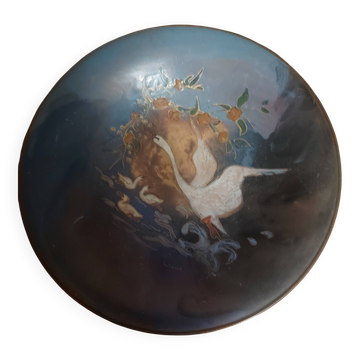 Decorative enamelled copper plate signed Wens