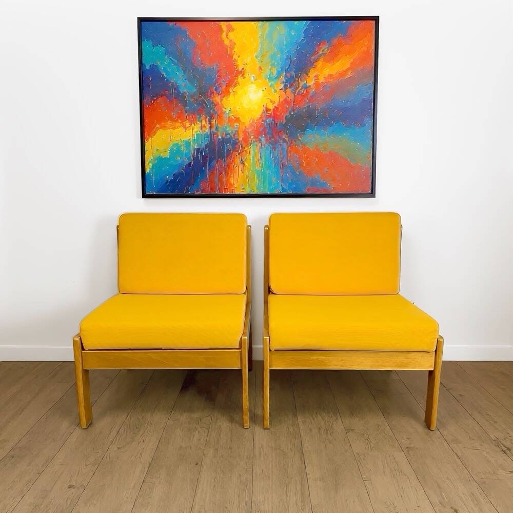 Pair of vintage Scandinavian armchairs in pine and fabric.