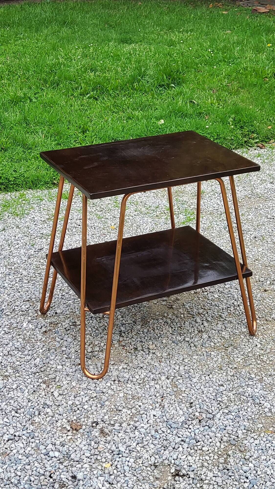 Vintage double wooden side table with copper base from the 50s