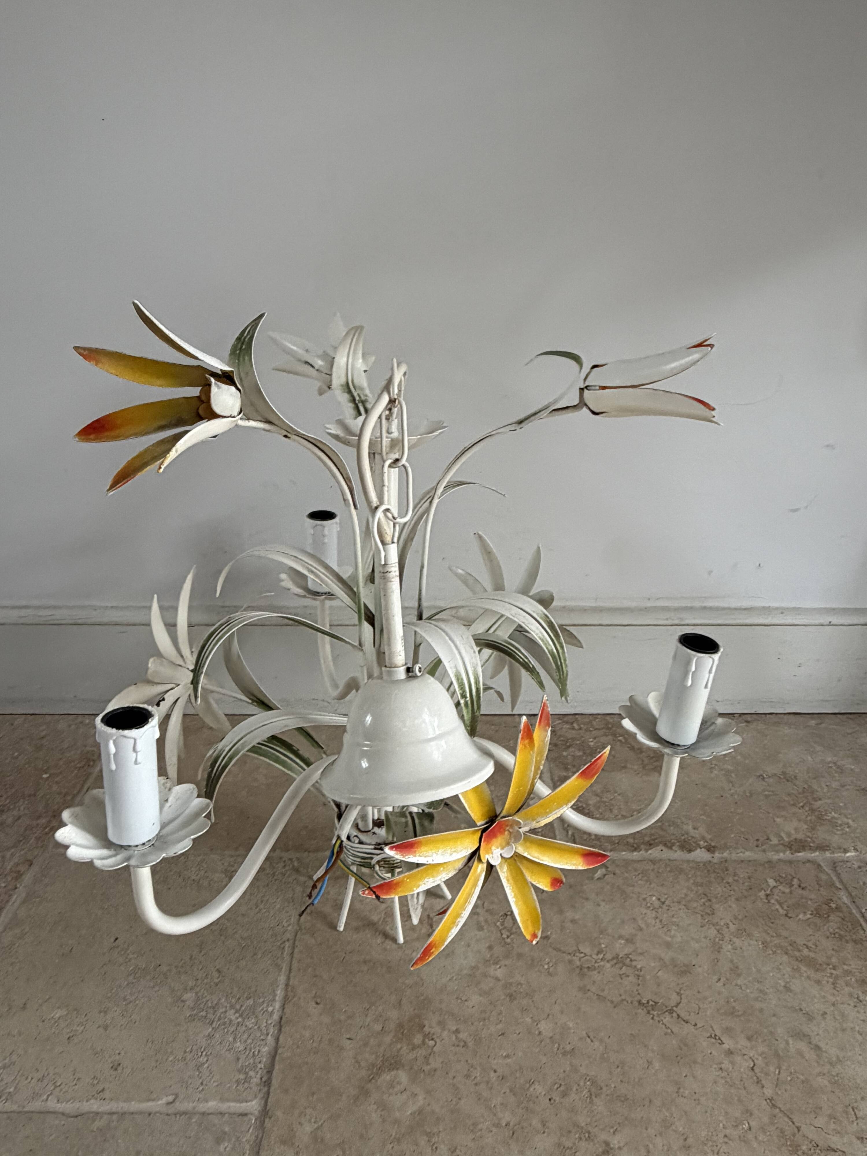 Vintage floral metal painted chandelier – 3 lights – 1970s