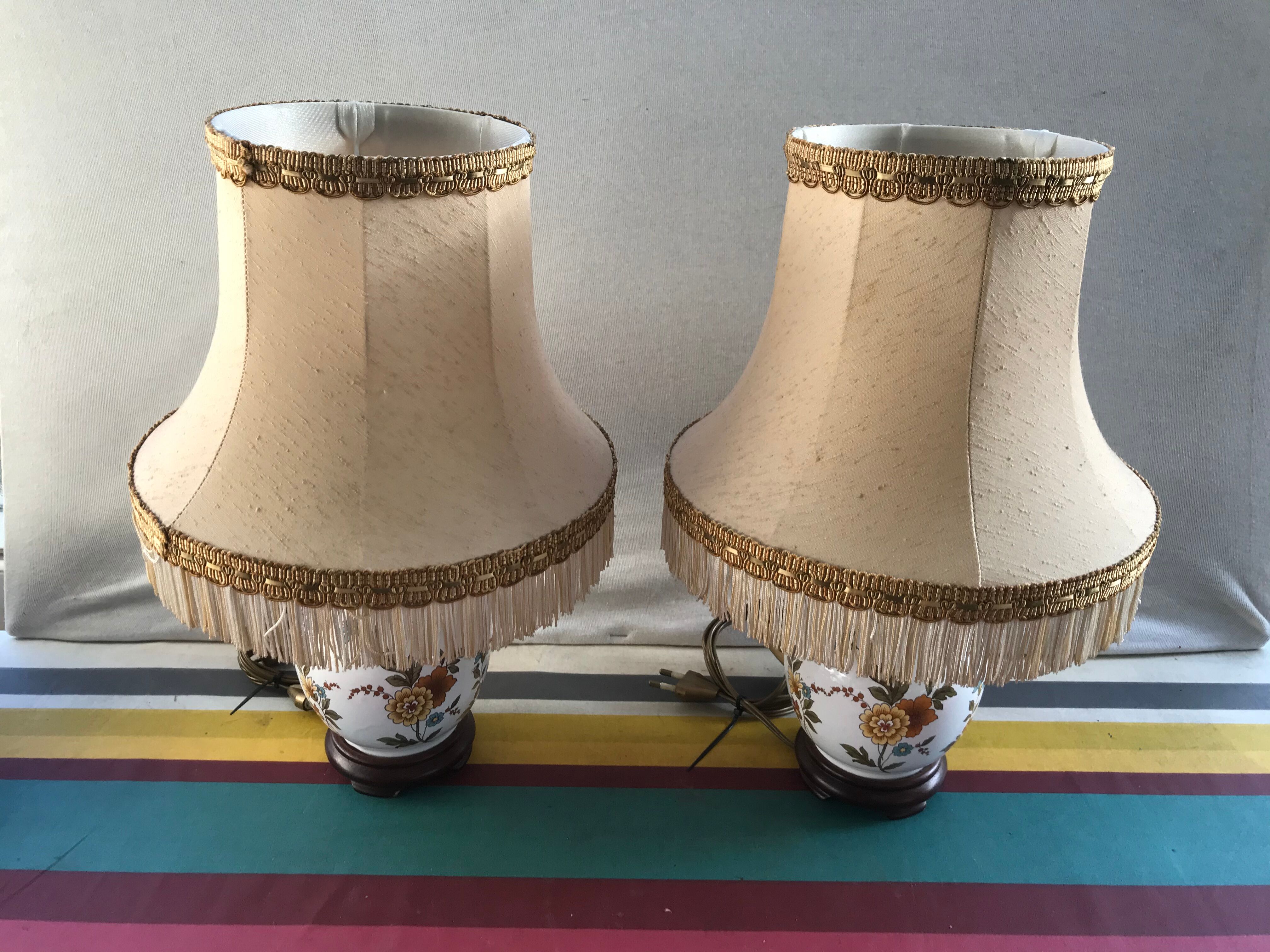 Pair of ancient ceramic lamp Moustiers style with vintage cream lampshades