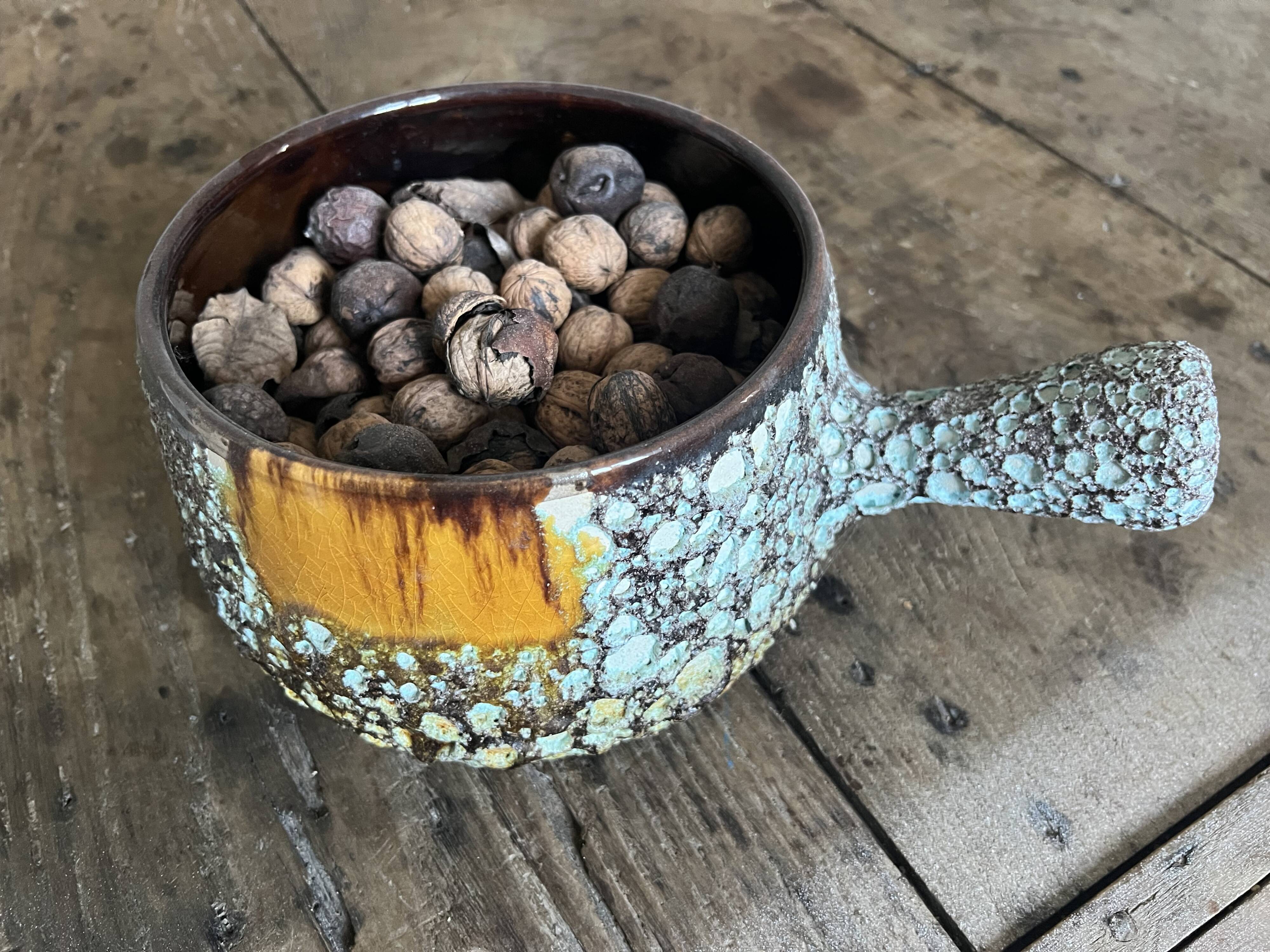 Vallauris ceramic pan – turquoise lava enamel – 1950s/1960s