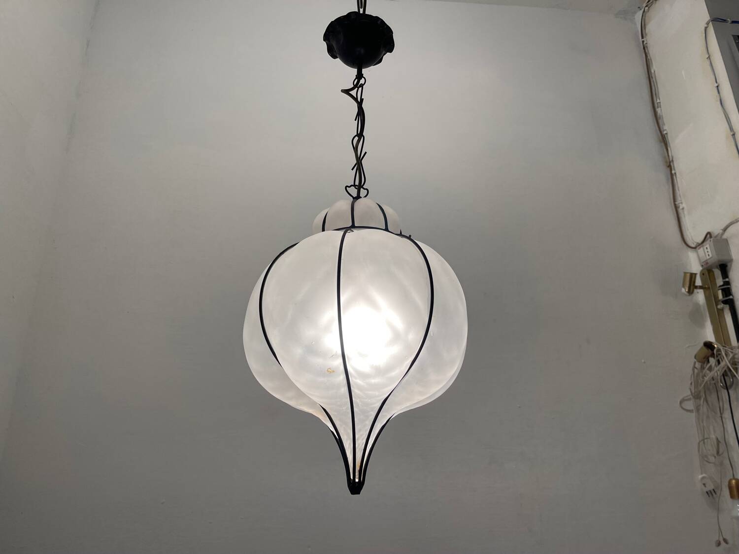 Wrought Iron Murano Glass Light Pendant 1980’s