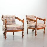 Giorgetti Gallery Collection Wooden Lounge Chairs w. Gobelin Upholstery 70s