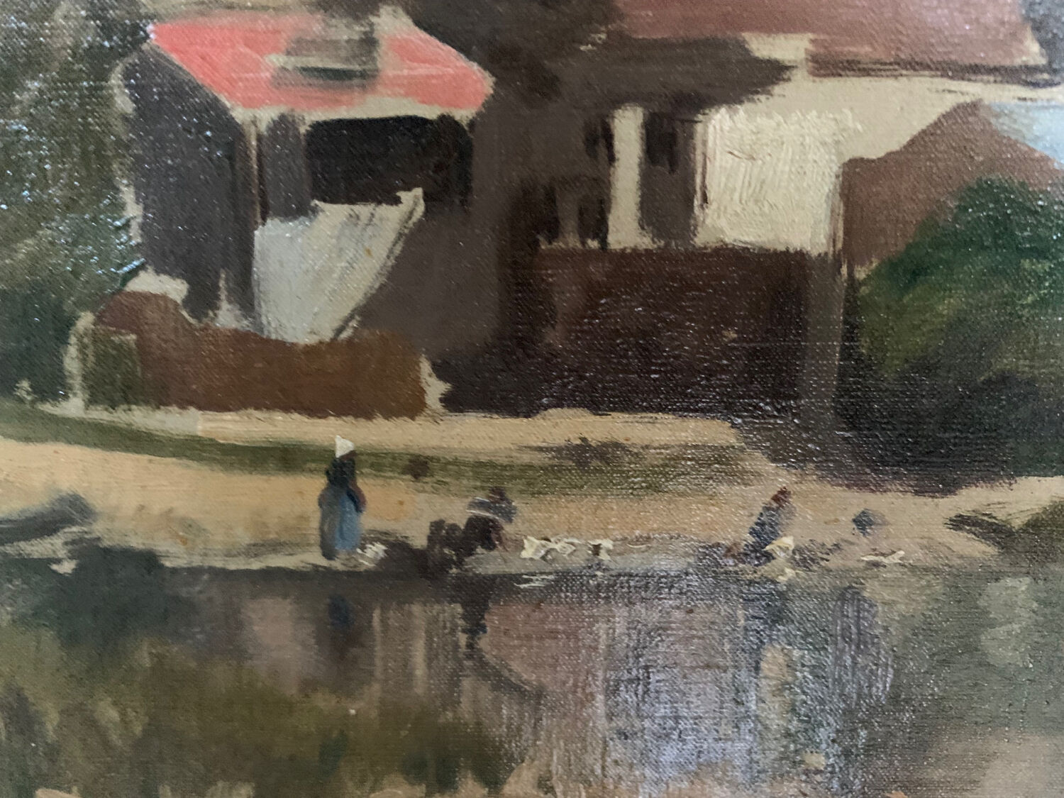 Oil on canvas landscape painting washerwomen, signed