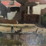 Oil on canvas landscape painting washerwomen, signed