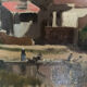 Oil on canvas landscape painting washerwomen, signed