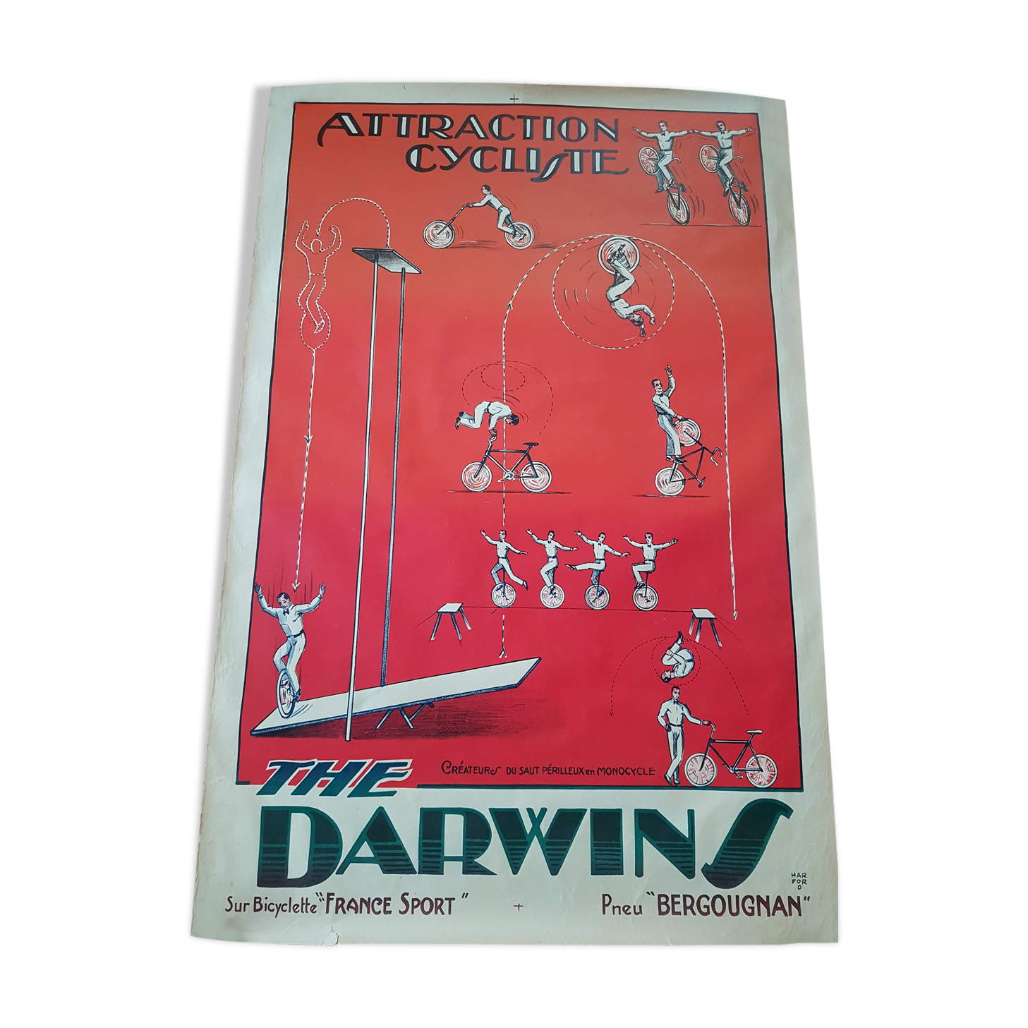 Old advertising poster lithographed Bergougnan tires