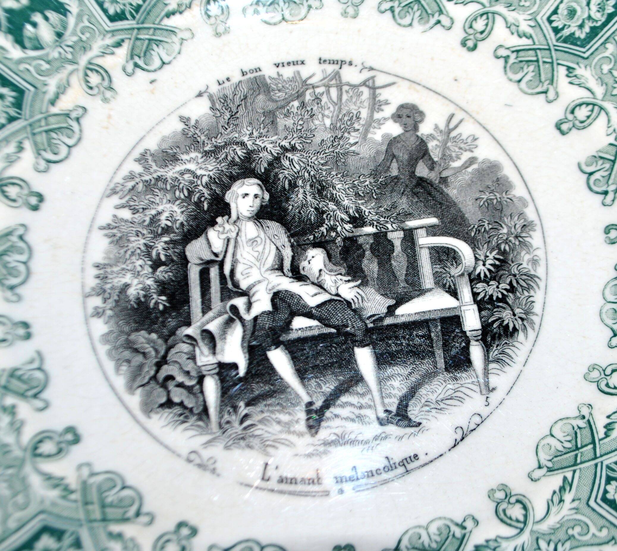 Sarreguemines set of 5 talking plates from the Bon Vieux Temps series, opaque earthenware.