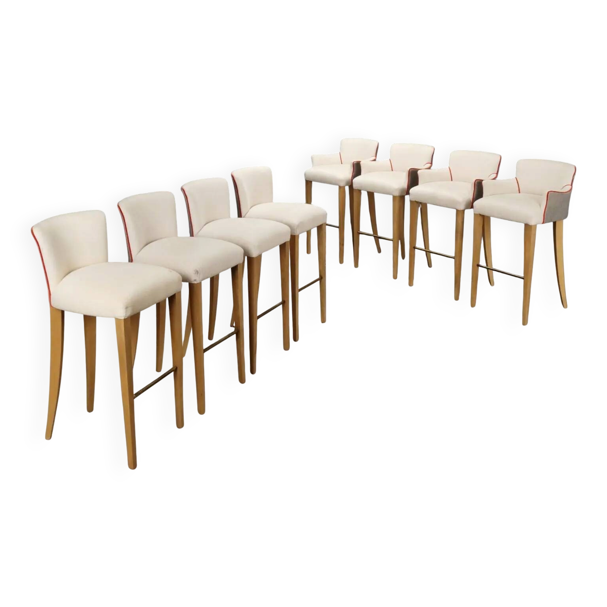 Antique stools by William Yeoward in beech and brass, England, 20th century.