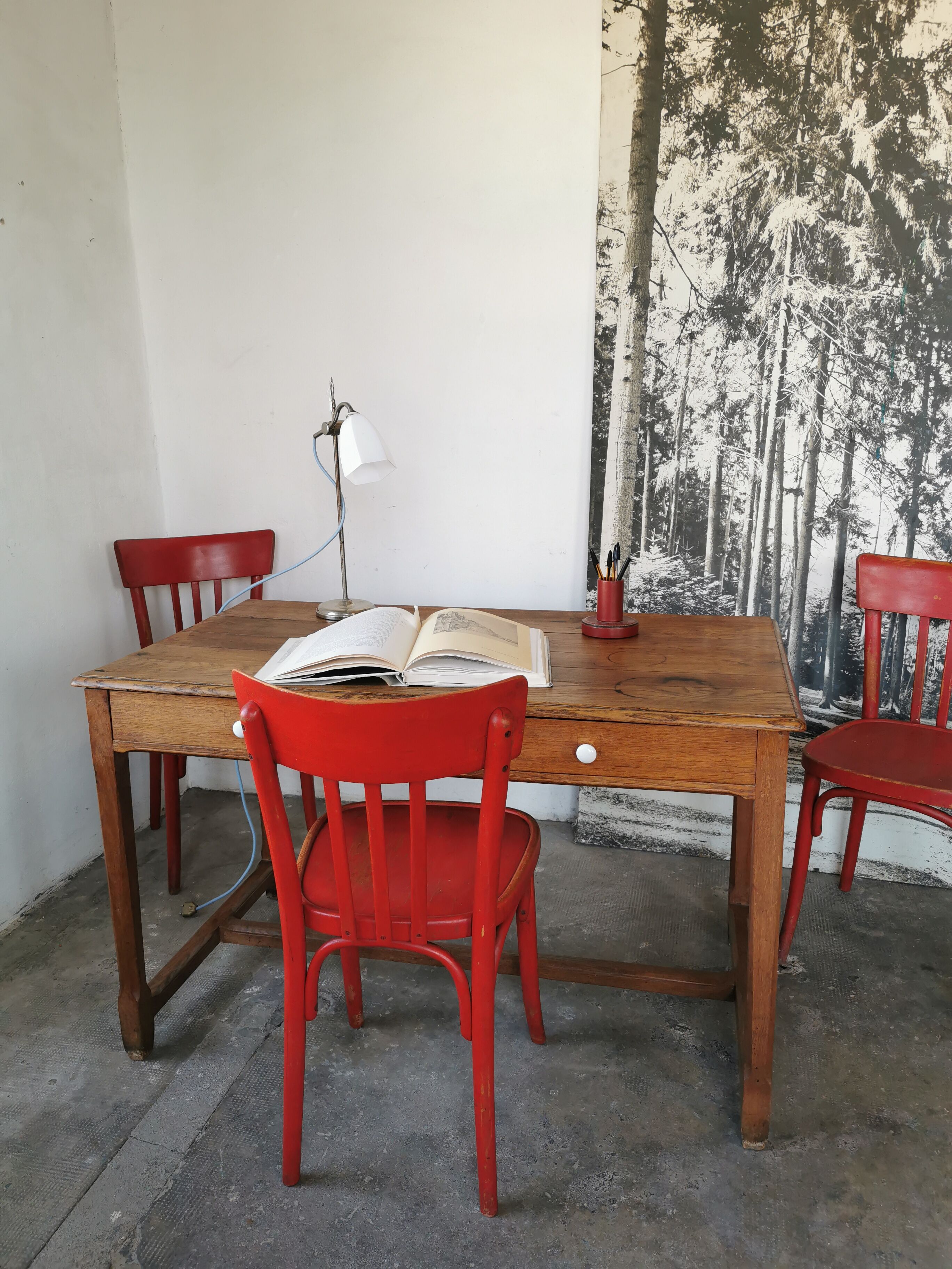 Table in raw oak, countryside.