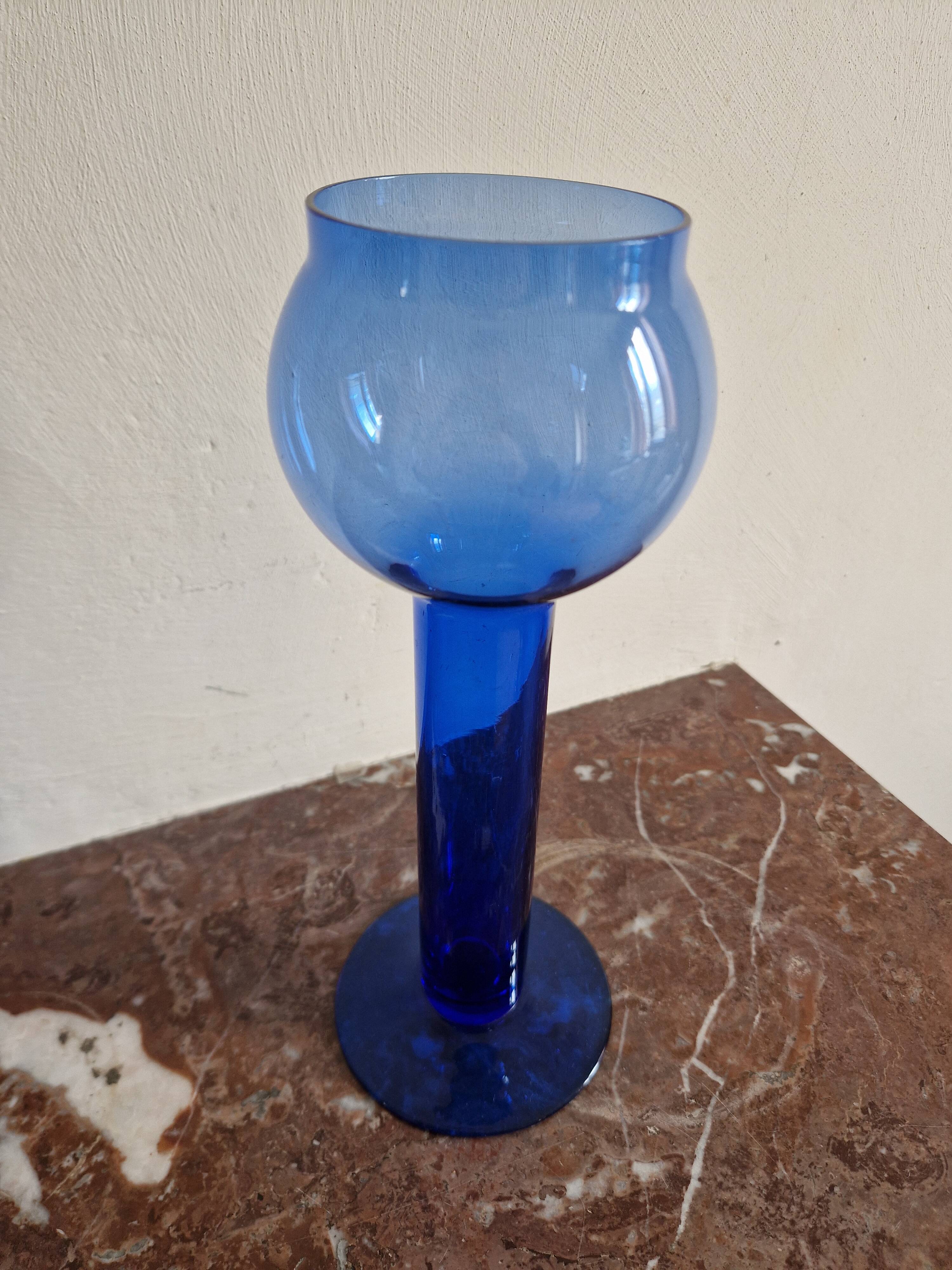 Vintage blue glass footed bowl vase from the 1970s.