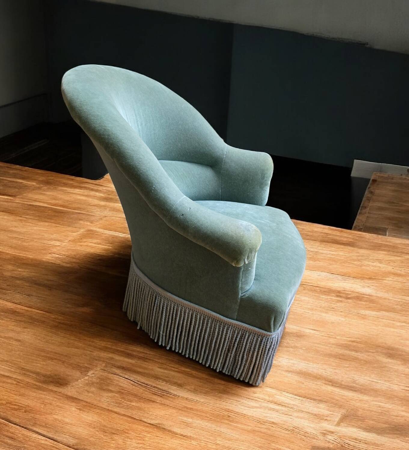 Pair of celadon green velvet armchairs with armrests, esprit