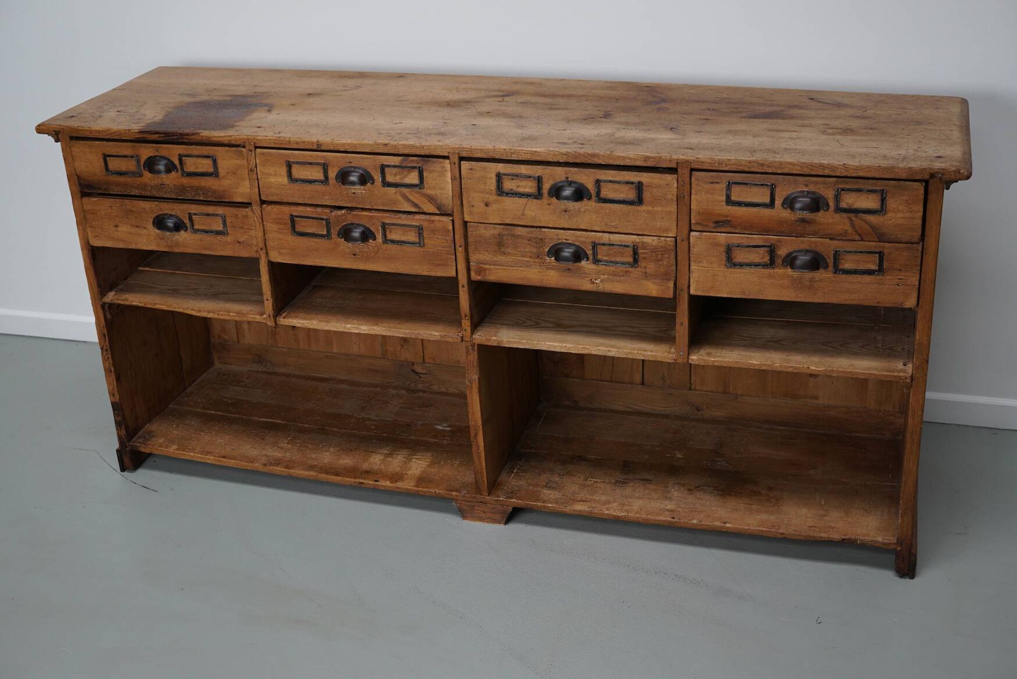 Vintage rustic German pine apothecary cabinet / shop counter, 1930s