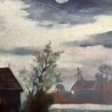 Pendant of HST painting "Landscape in the moonlight" signed + frame circa 1920