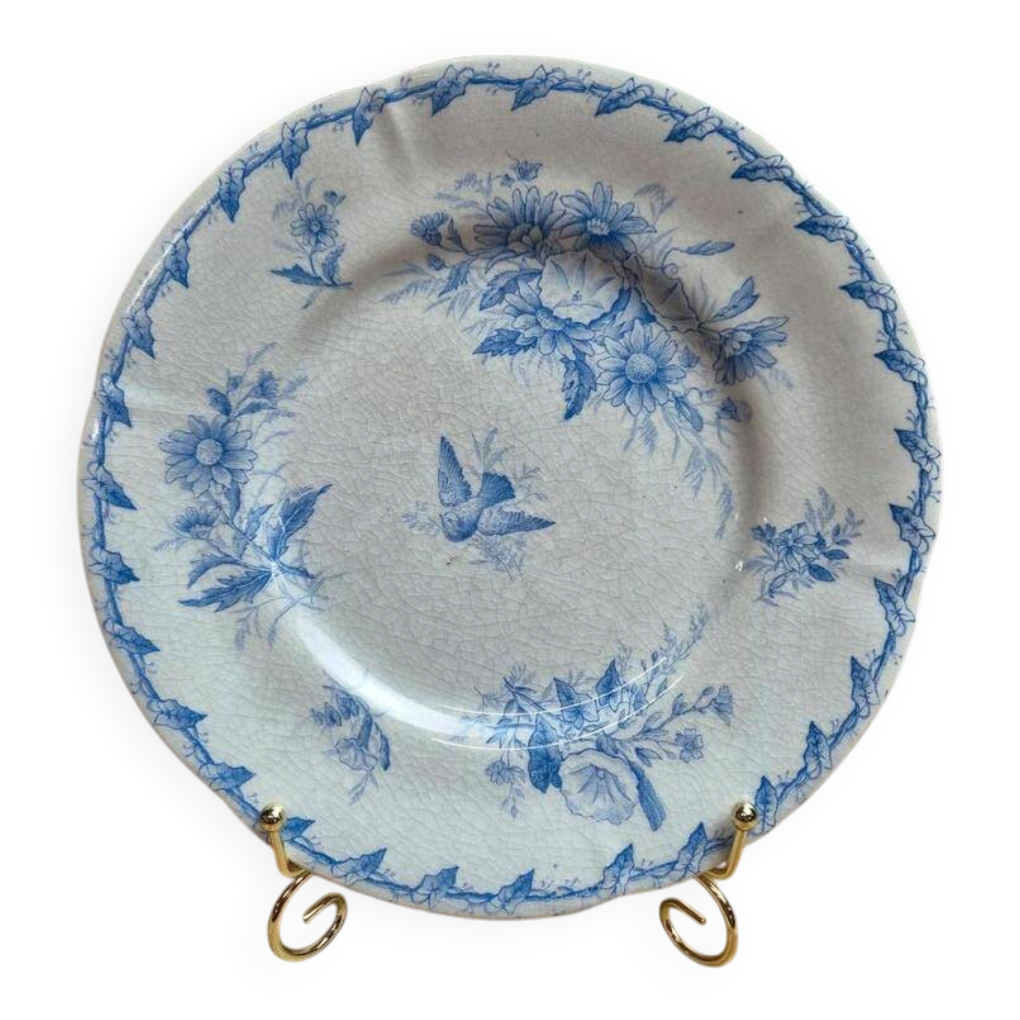 Assiette ancienne Gien Liserons – Décor oiseaux et fleurs bleu