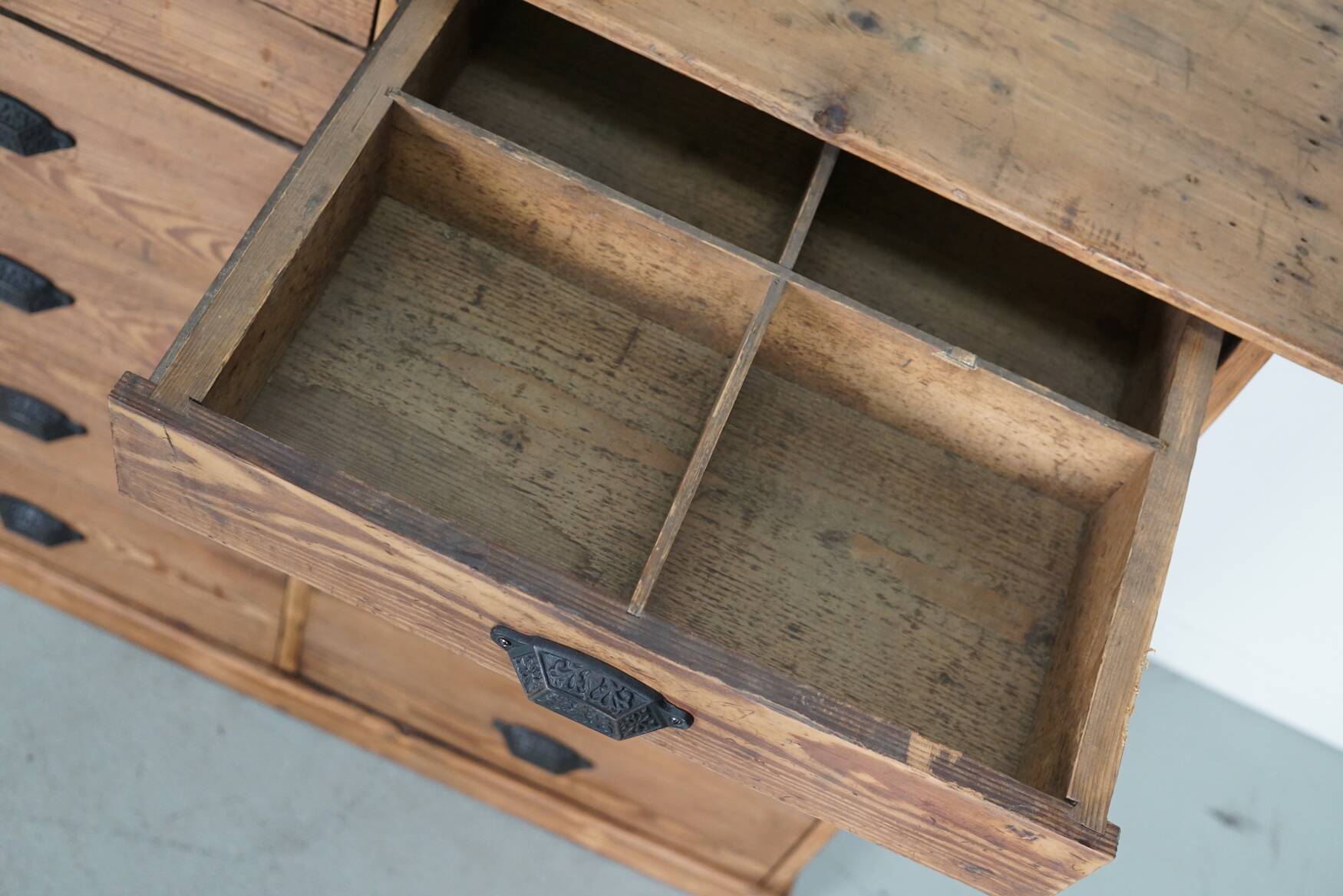 Antique Rustic German Pine Apothecary Cabinet / Bank of Drawers, 1900s