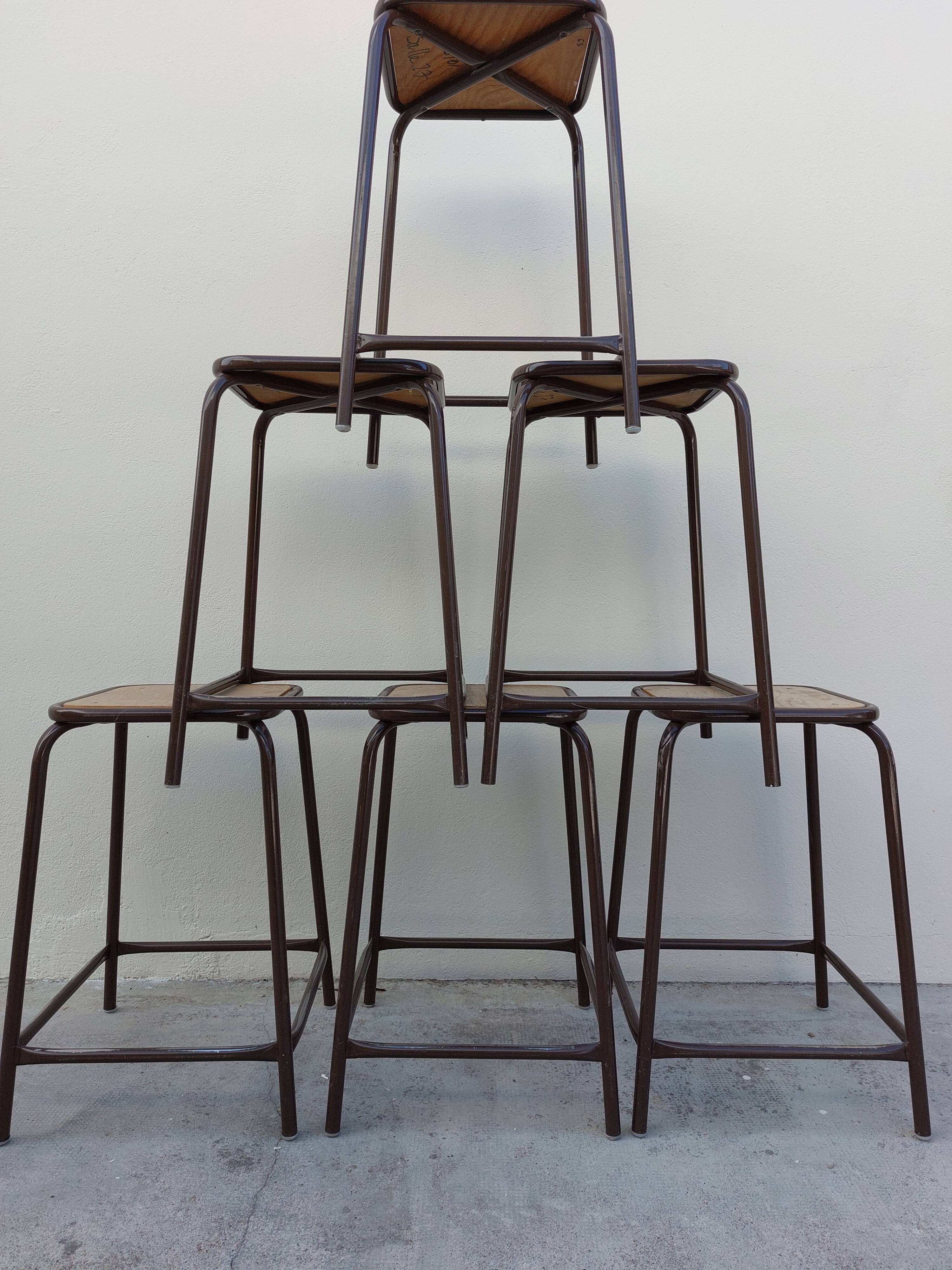 Series of 6 old workshop iron stools 1980