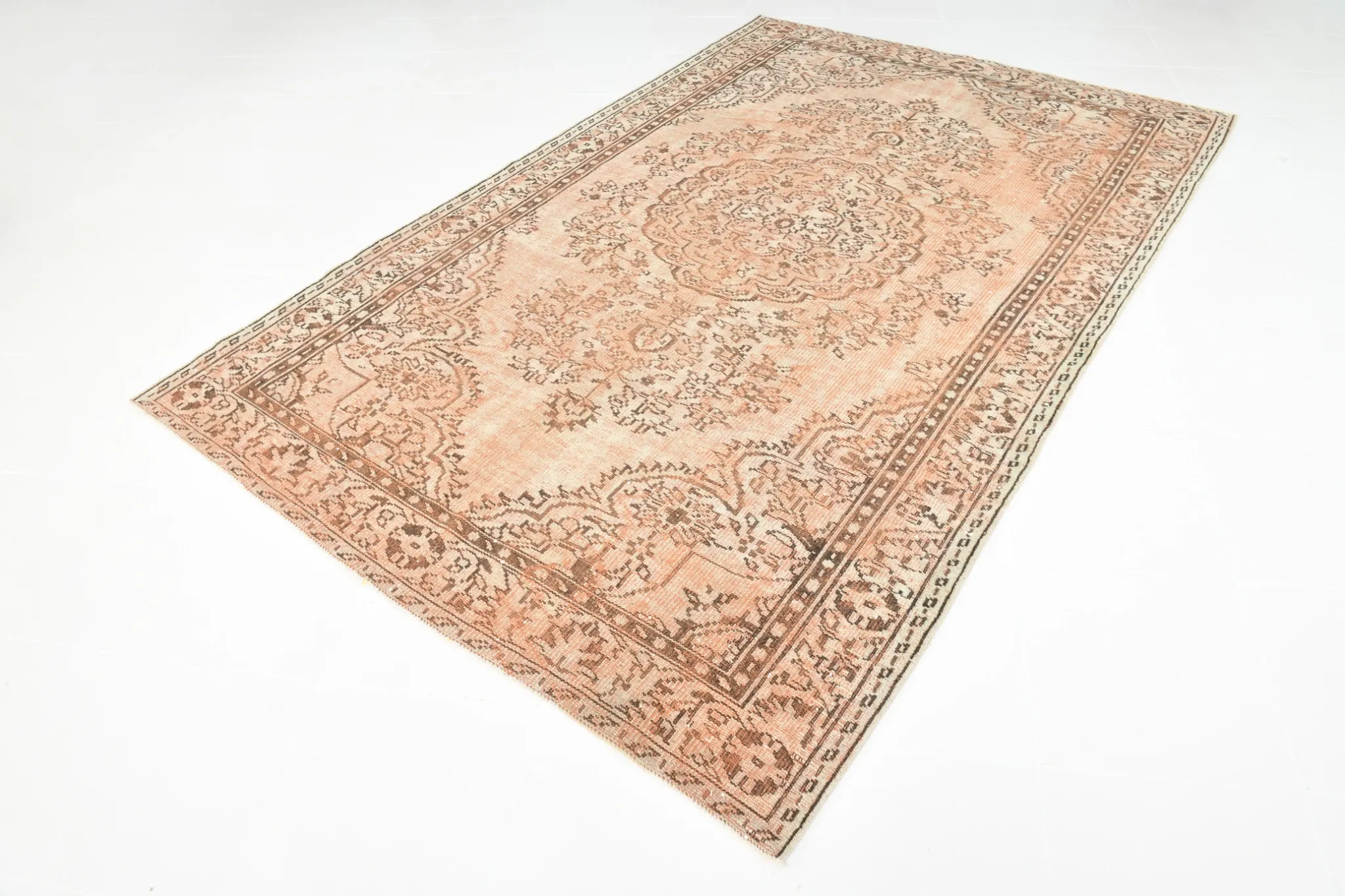 Vintage Persian Peach & Brown Rug, Oriental Pattern Rustic Carpet, 187x292