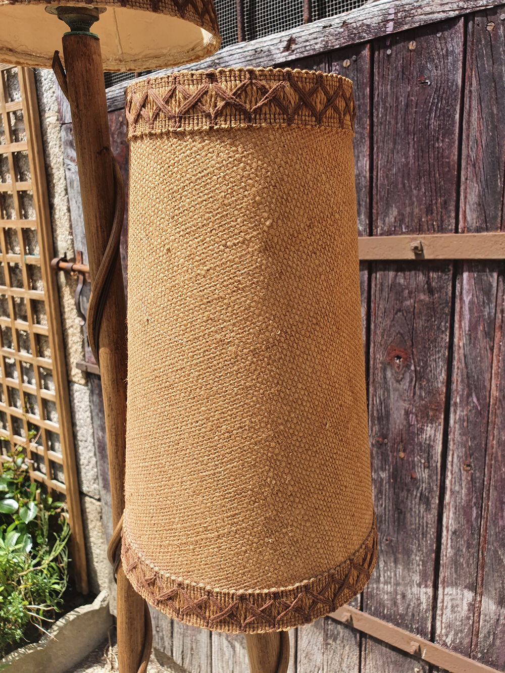 Floor lamp two lights, asymmetrical, bamboo and rattan, vintage, 70s