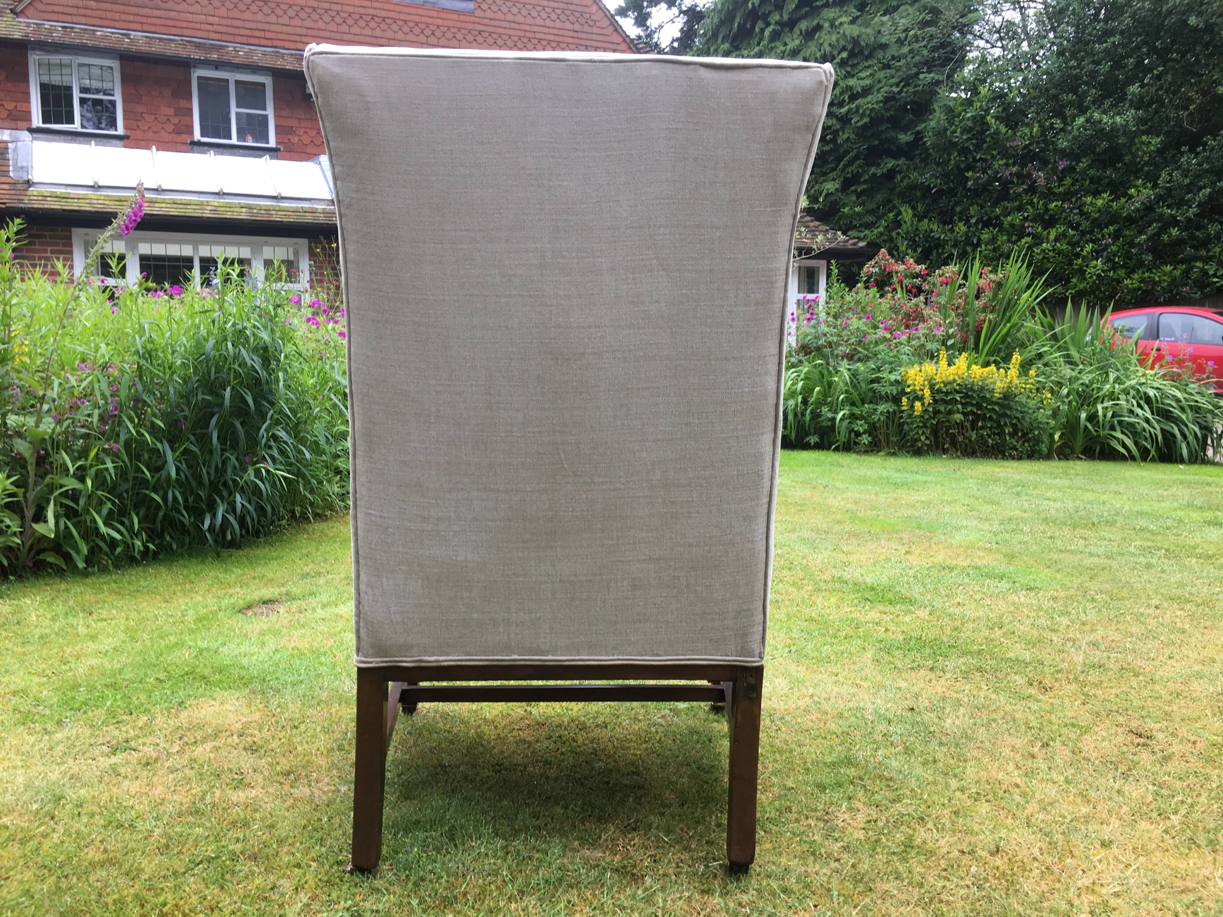 Vintage Antique Oak Reupholstered Armchair On Castors in Beige