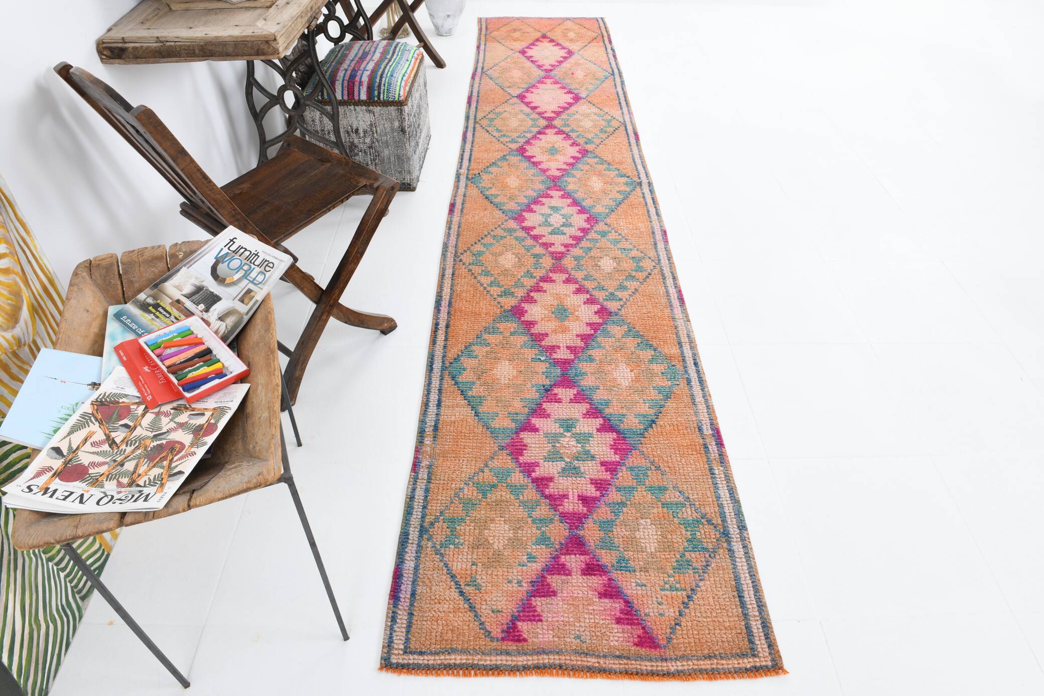 2x12 Rug For Kitchen Orange Herki Vintage Runner Rug, 73x369Cm