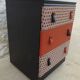 Vintage commode on wheels with three drawers in faux leather and fabric - end.