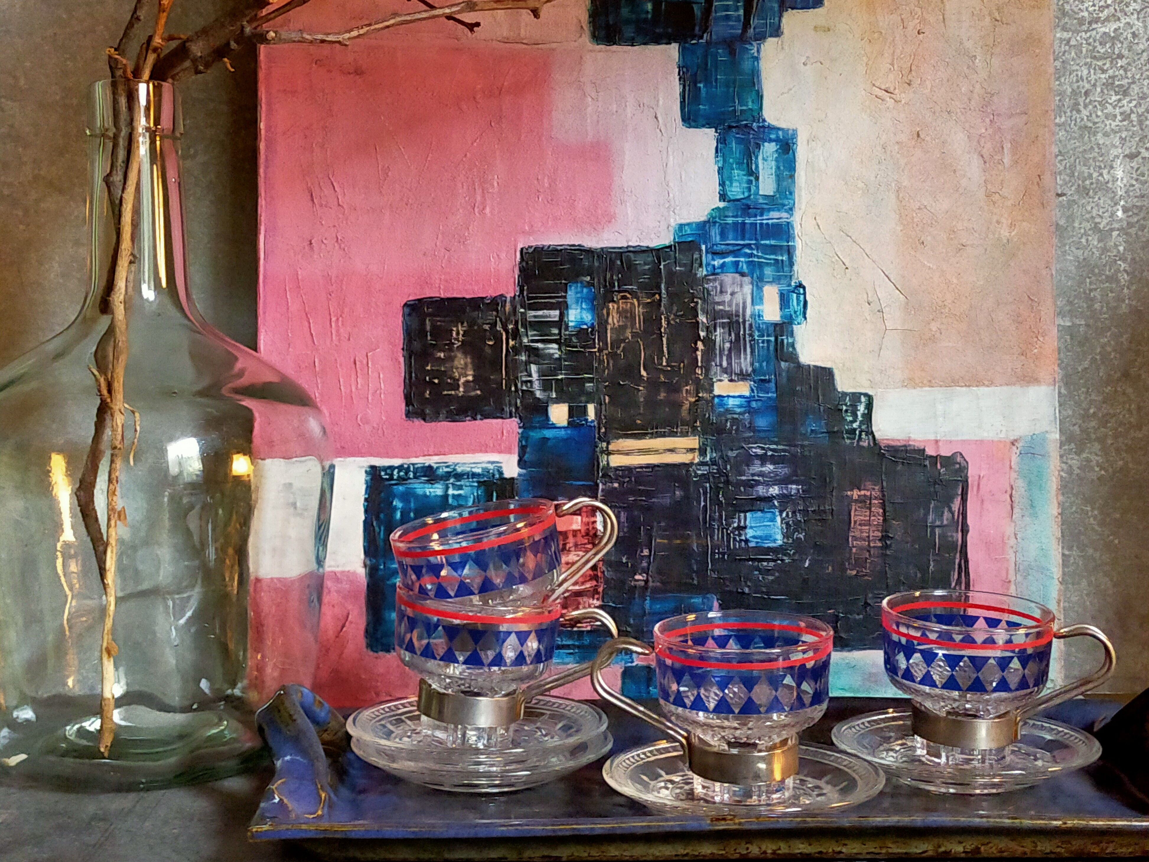 Four vintage coffee cups screen printed glass and metal