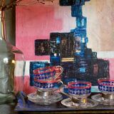 Four vintage coffee cups screen printed glass and metal
