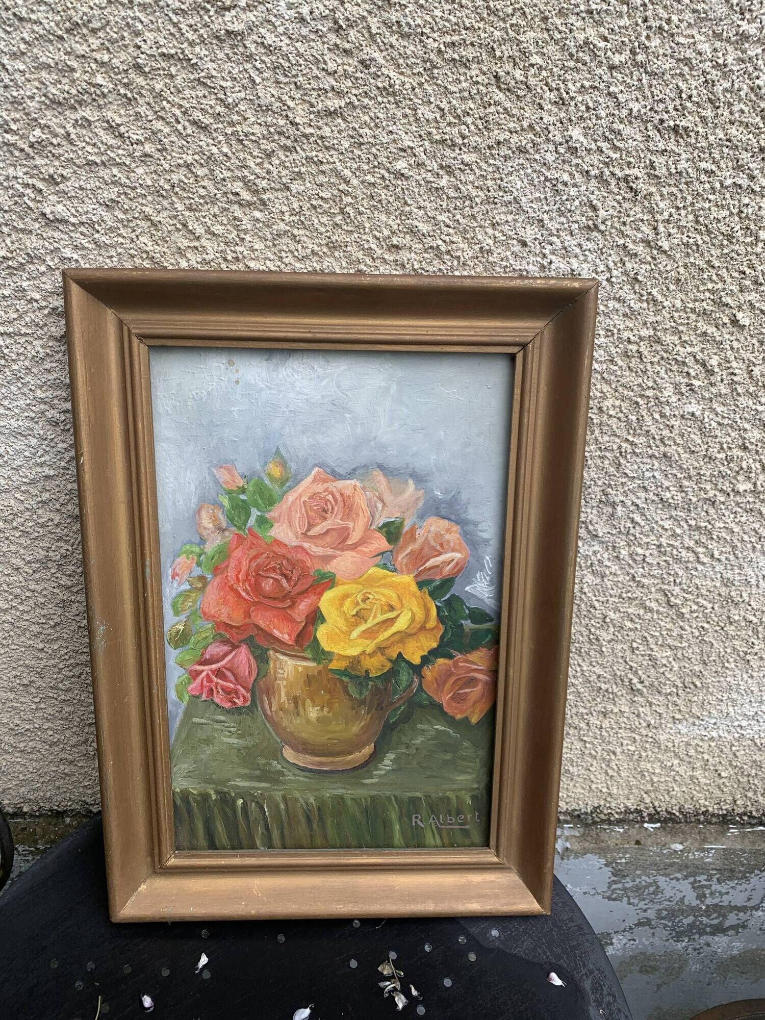 Painting on framed wood panel the bouquet of roses signed and vintage