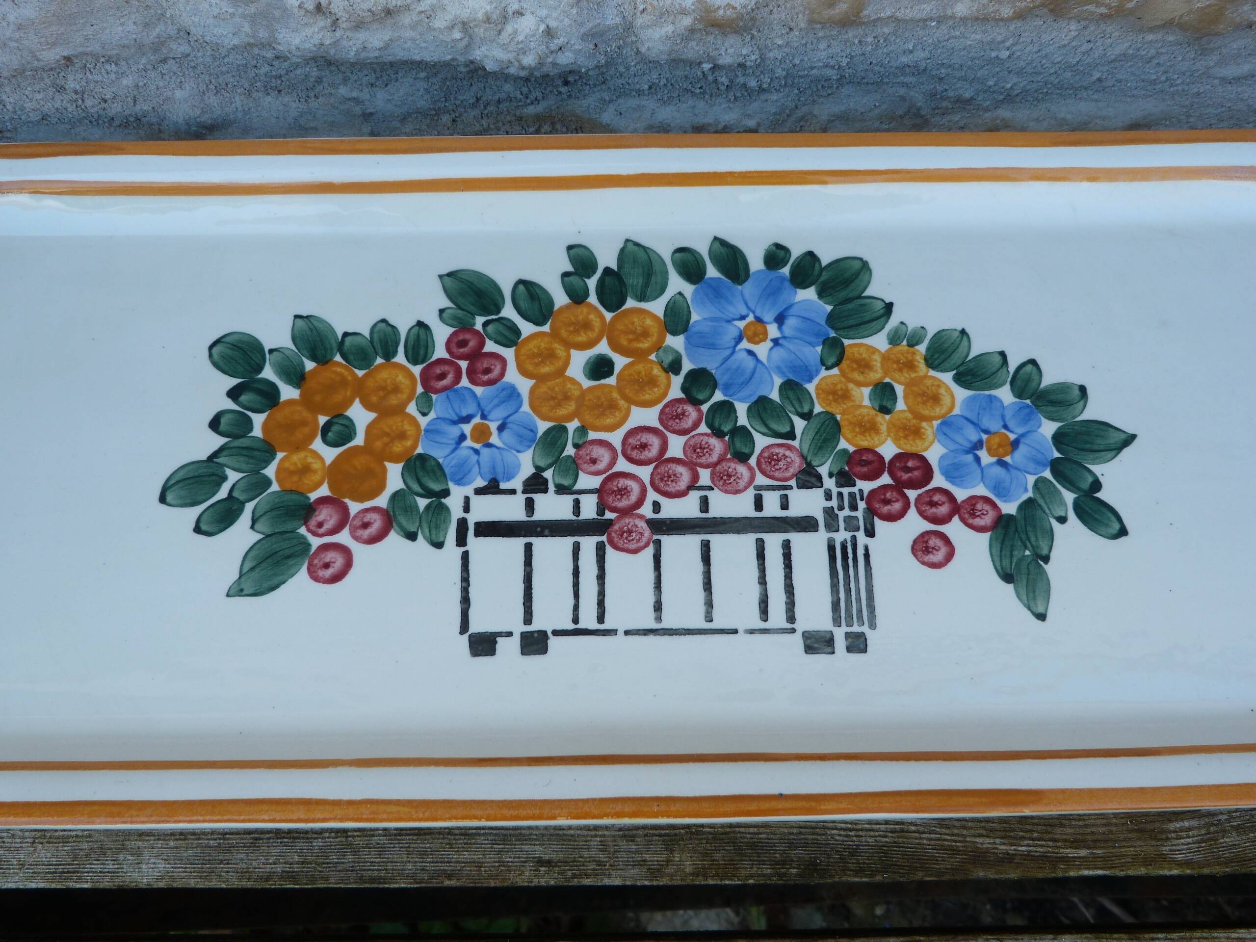 Vintage Long Ceramic Dish Art Deco Flowers