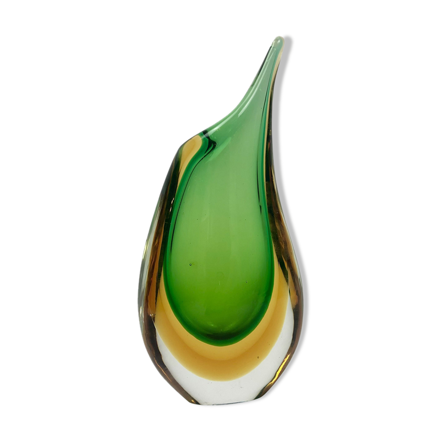 Asymmetrical vase in green and orange sommerso Murano glass