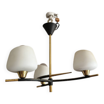 Arlus chandelier with 3 lights, opal glass and brass, 1950s.