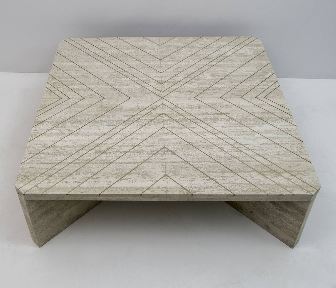 Mid-Century Italian Travertine Coffee Table with Brass Inlays, 70s
