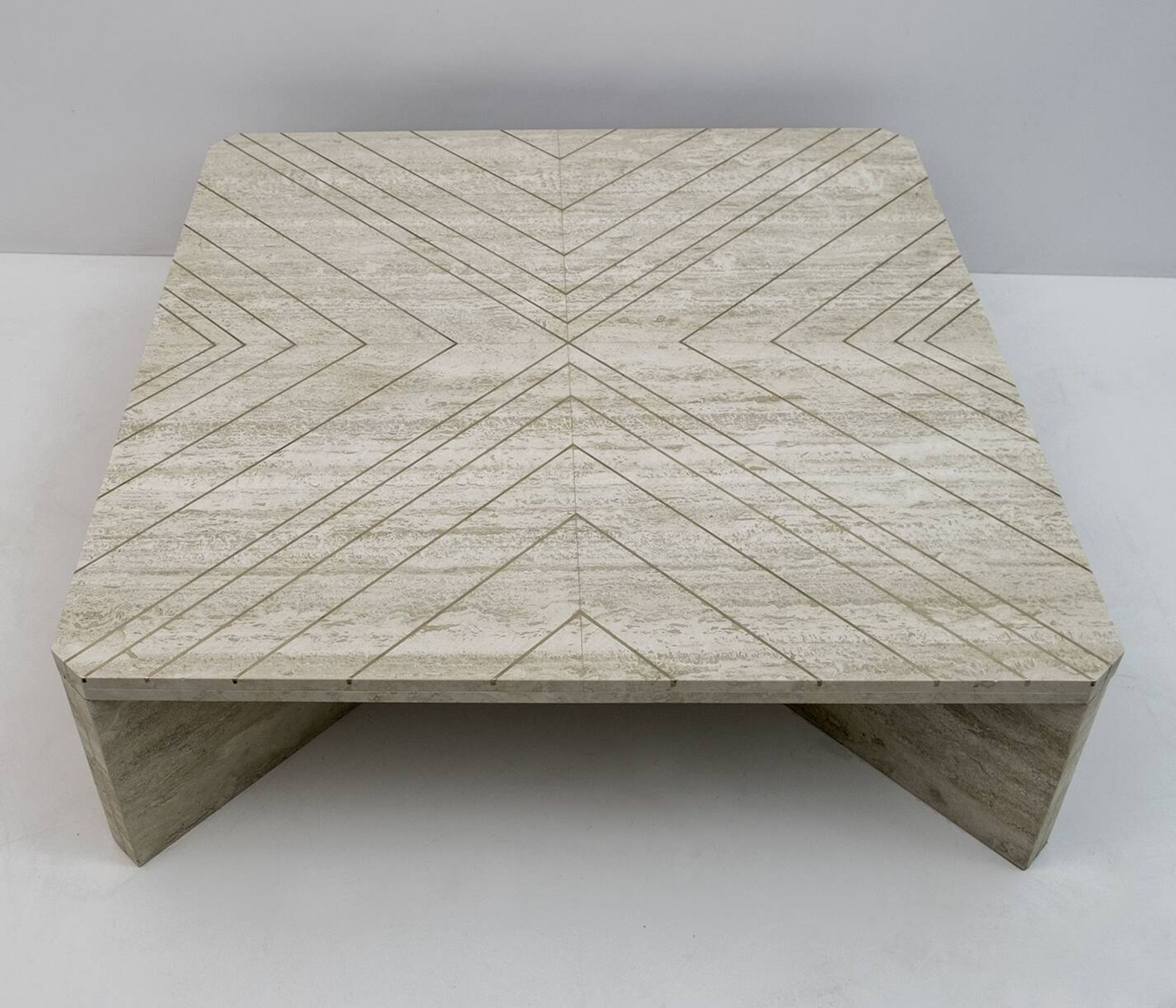 Mid-Century Italian Travertine Coffee Table with Brass Inlays, 70s