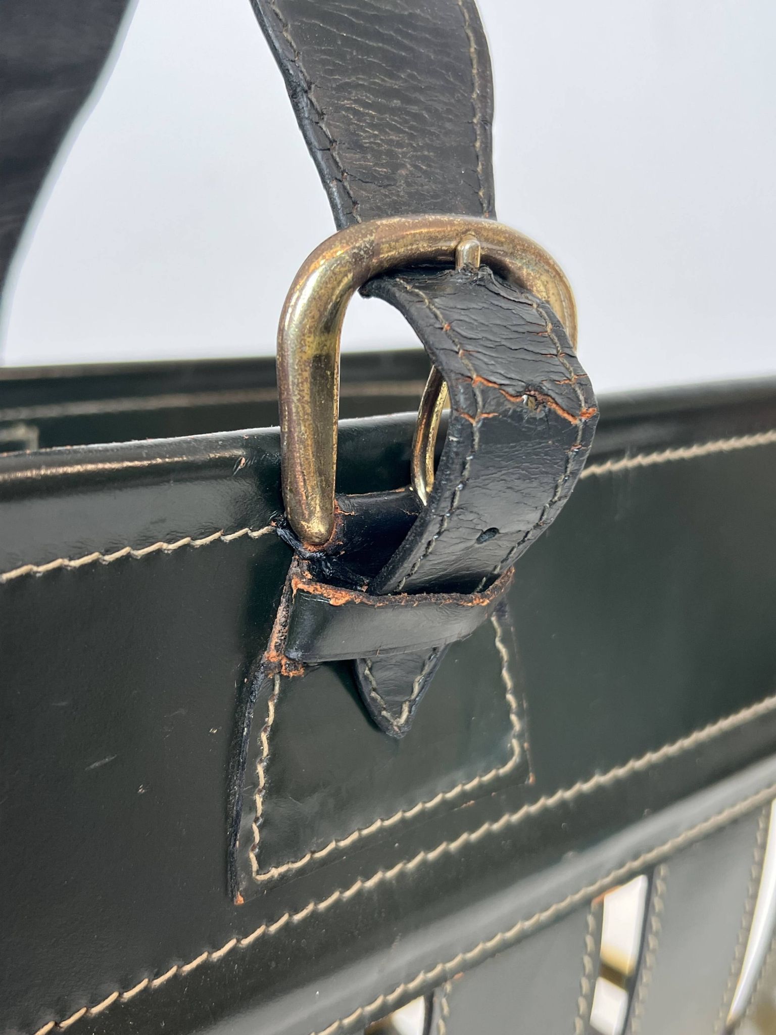 Black Leather Quilted Magazine Holder with Brass Loop Handle. Work