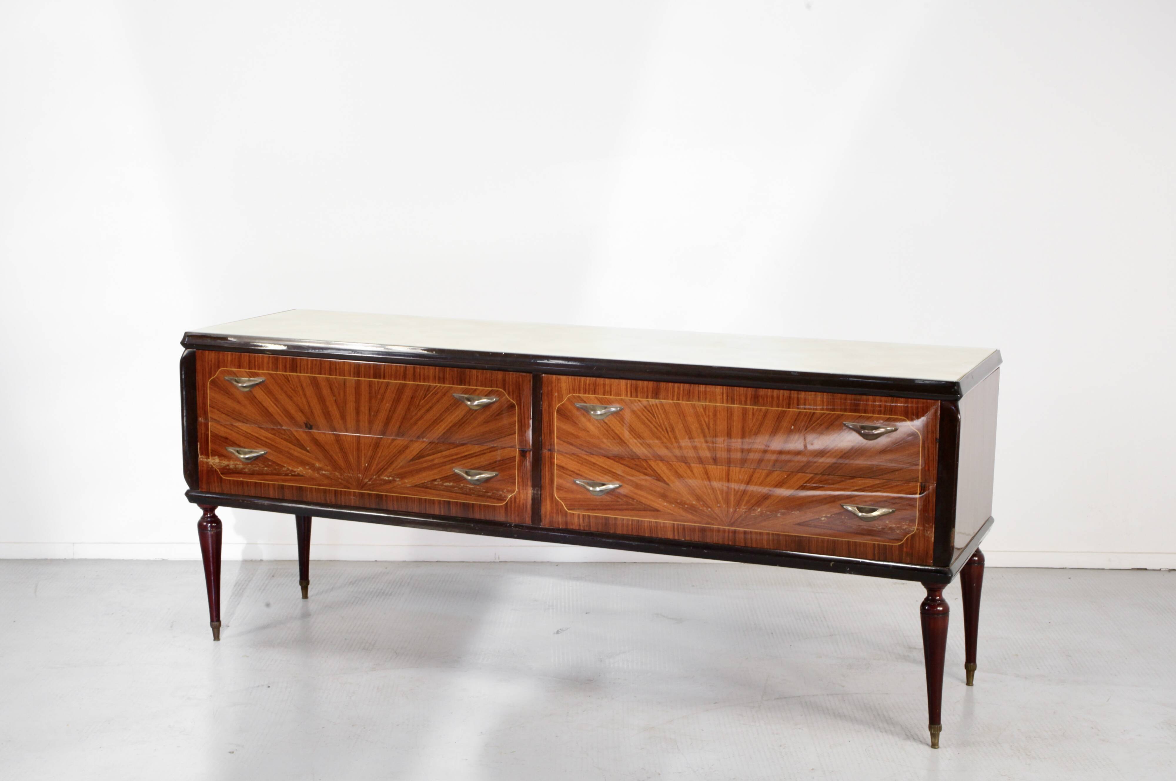 Midcentury Italian Sideboard / Dresser In Walnut And Brass. Vintage Modern