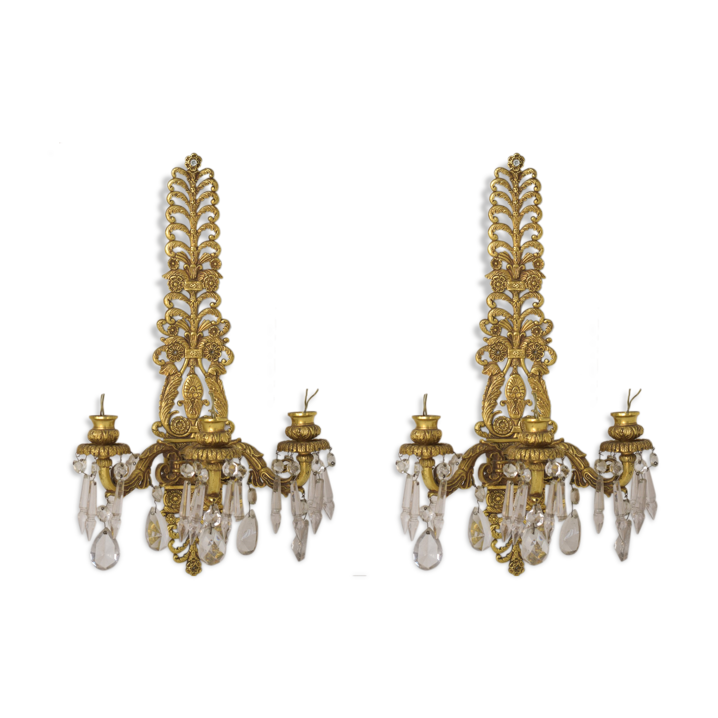 Two bronze and cut glass wall-mounted chandeliers