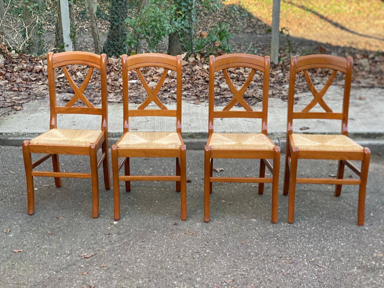4 medium beech solid wood chairs with rush seats in Louis Philippe style