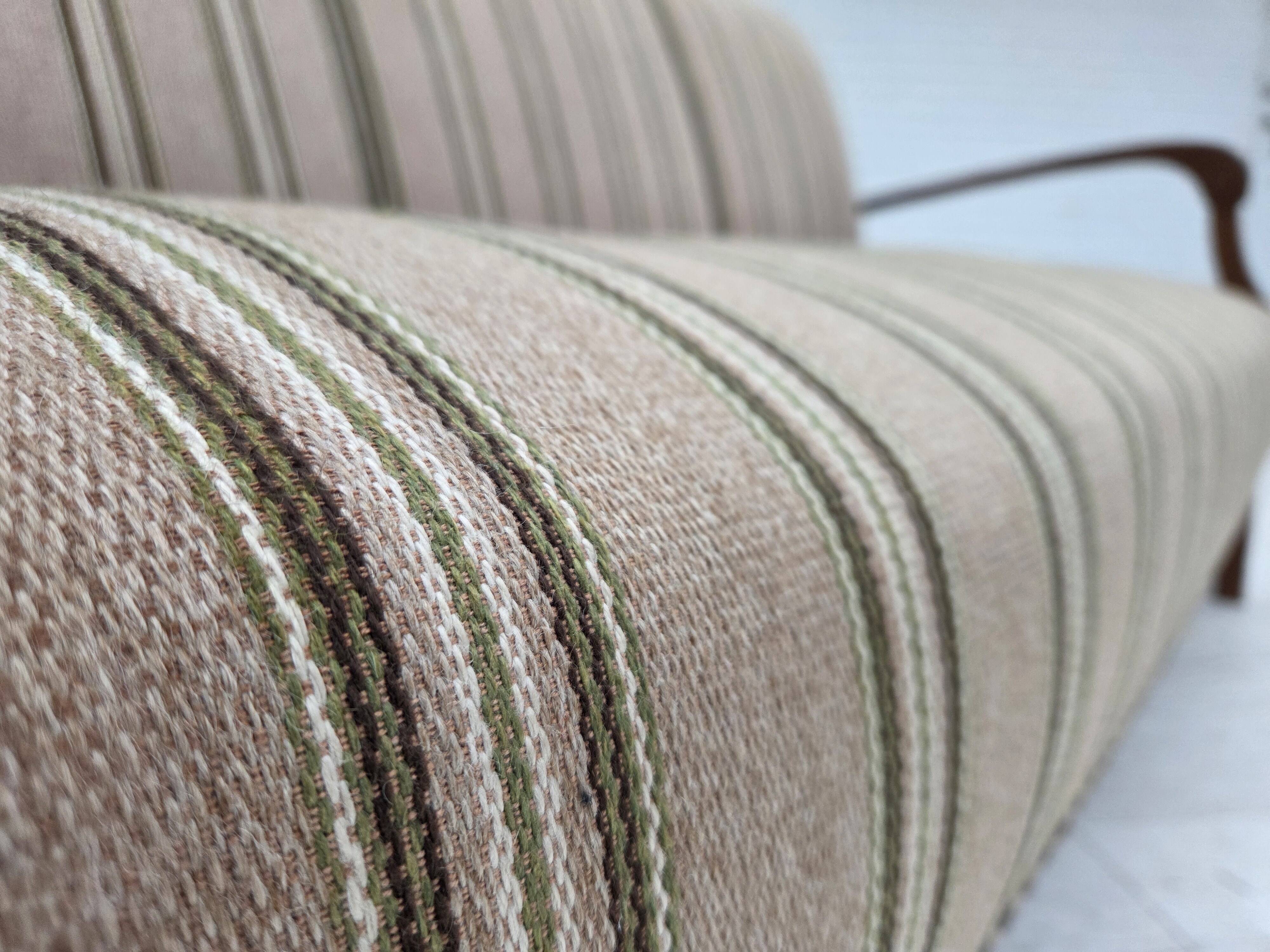 1950s, Danish 2-seater sofa, beige furniture wool fabric, beech wood legs.